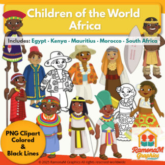 Children of the World Africa Clip Art by RamonaM Graphics — diverse kids in traditional African clothing from Egypt, Kenya, Mauritius, Morocco, and South Africa.