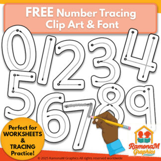 Free number tracing clip art and font sample pack with numbers 0–9.