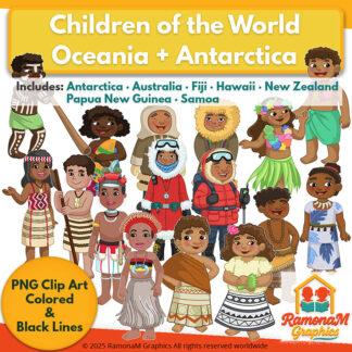 Children of the World Clip Art – Oceania and Antarctica set featuring kids in traditional clothing from Australia, New Zealand, Fiji, Samoa, Hawaii, Papua New Guinea, and Antarctica.