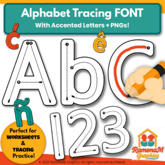 Alphabet tracing font with small dotted cues and directional arrows for early handwriting practice – RamonaM Graphics