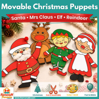 Christmas puppet craft with printable Santa, Mrs Claus, Elf and Reindeer moveable puppets