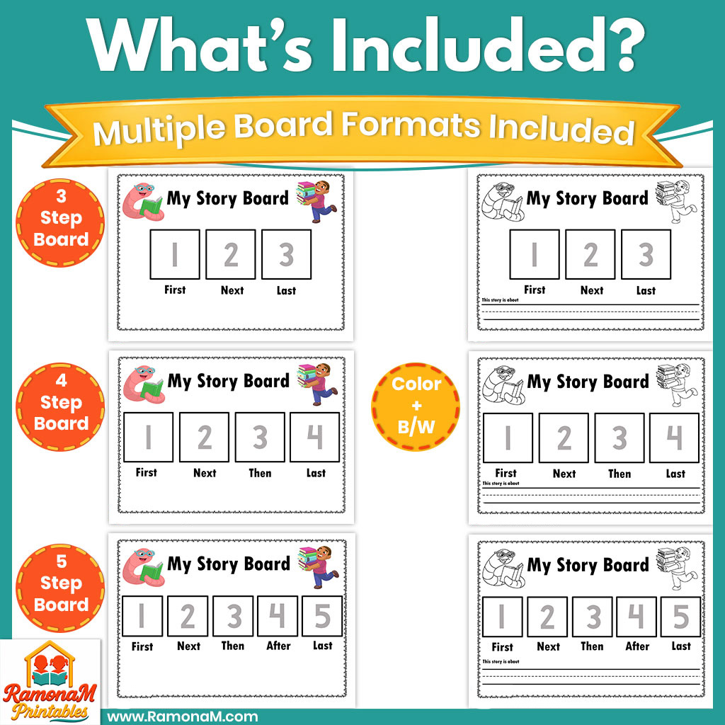 Sequencing activity includes 3-step, 4-step, and 5-step story boards with picture cards.