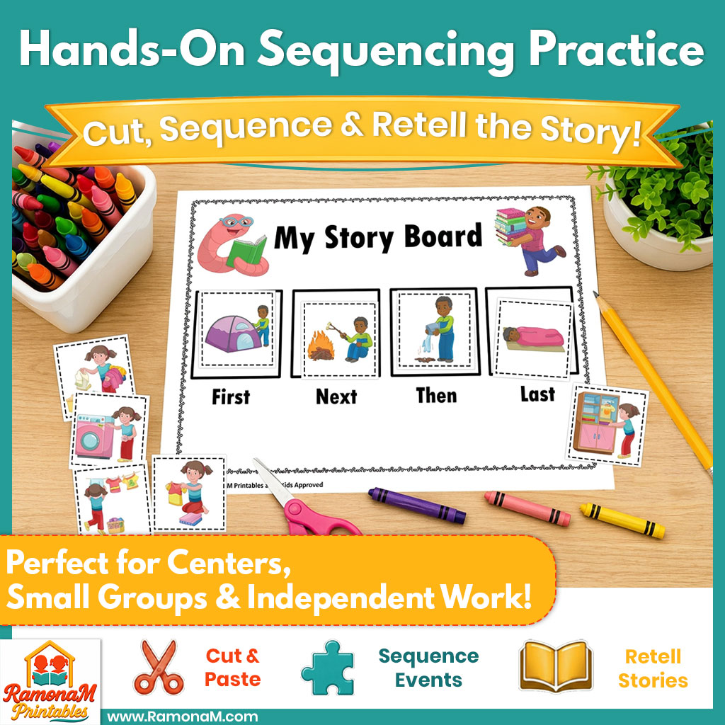 Students sequencing picture cards to place events in the correct order using story boards.