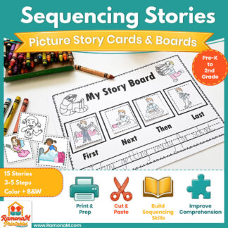 Sequencing Stories with Pictures printable activity featuring 15 real-life sequencing stories, sequencing boards, and picture cards.