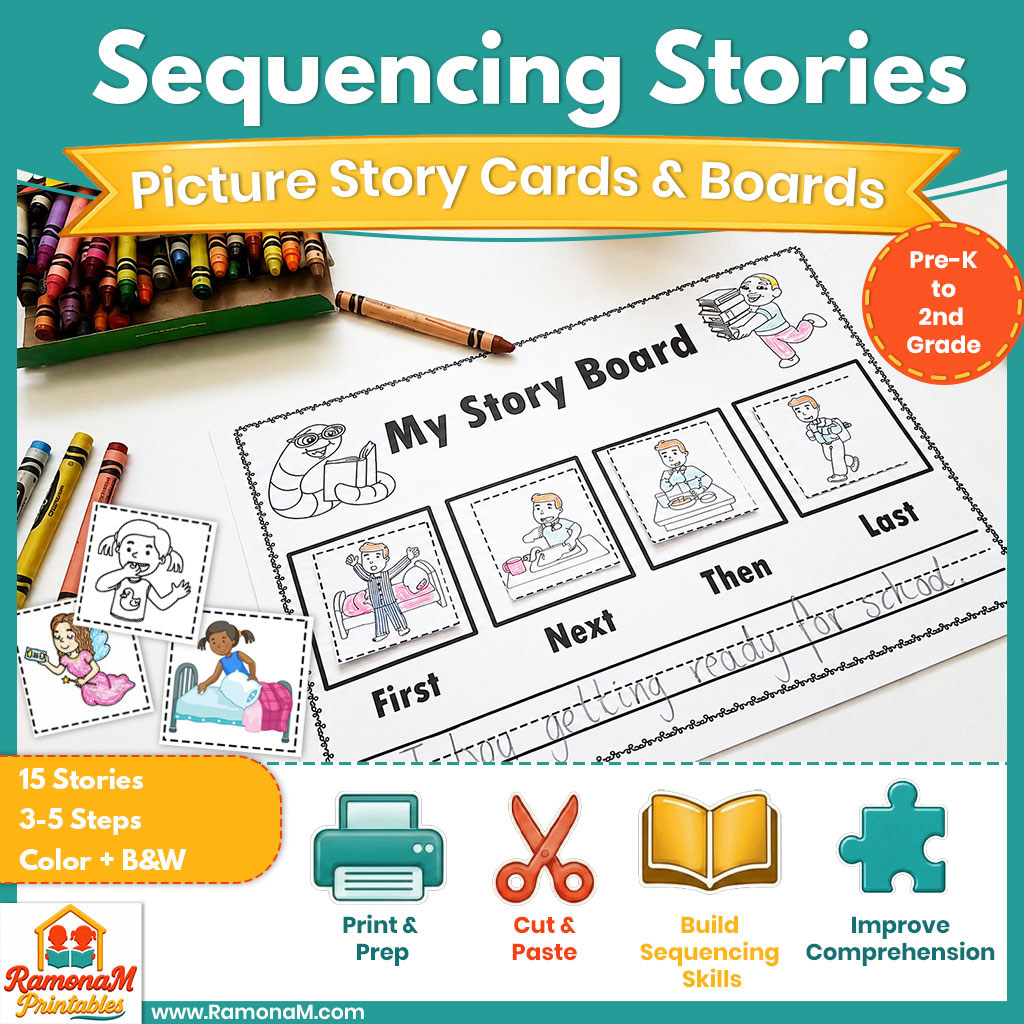 Sequencing Stories with Pictures printable activity featuring 15 real-life sequencing stories, sequencing boards, and picture cards.