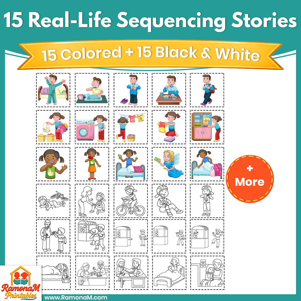 Real-life sequencing stories including camping, beach, library, homework, fishing, and more.