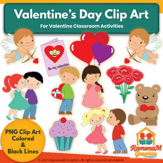 Valentine’s Day clip art featuring cupid, hearts and kids in color and black and white PNG for classroom activities