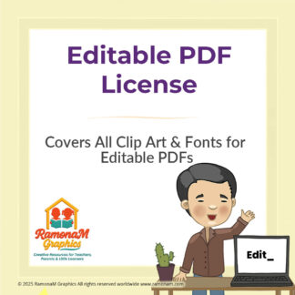 Editable PDF License cover image – RamonaM Graphics – boy at laptop with "Edit" screen, yellow frame, clip art license for creating editable PDFs