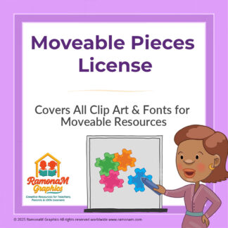 Illustration of a woman pointing to a whiteboard with colorful puzzle pieces, representing interactive, drag-and-drop learning. Text reads: "Moveable Pieces License – Covers All Clip Art & Fonts for Moveable Resources" from RamonaM Graphics.
