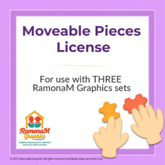 Moveable Pieces License cover – purple border with hands holding puzzle pieces, text reads: For use with THREE RamonaM Graphics sets