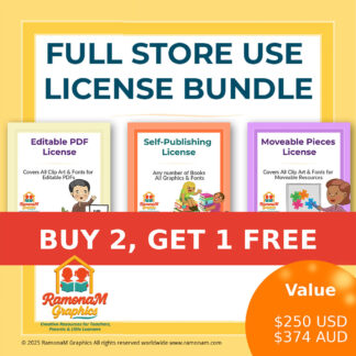 RamonaM Graphics Full Store Use Extended License Bundle – self-publishing, editable PDFs, and moveable pieces license in one package.