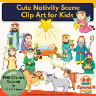 Cute Nativity Scene Clip Art for Kids featuring Mary, Joseph, Baby Jesus, angels, and Bethlehem star in a child-friendly Christmas art style.