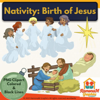 Nativity clip art set featuring Mary, Joseph, Baby Jesus, angels and Bethlehem star for Christian classroom resources