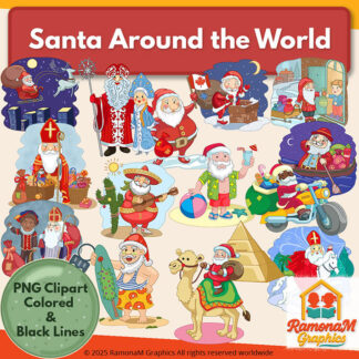 Santa Around the World Clip Art set by RamonaM Graphics featuring multicultural Santas from 14 countries in full color and black & white styles, ideal for classroom Christmas activities.