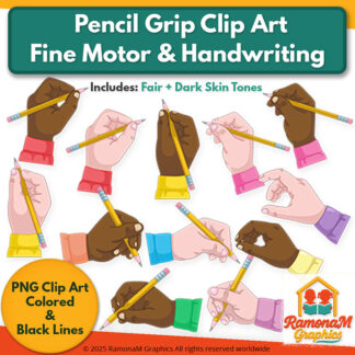 Pencil Grip Clip Art set showing fair and dark skin tone hands holding pencils in various correct grasp positions for handwriting and fine motor instruction.