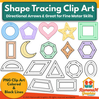 Shape tracing clip art set featuring 16 2D shapes with directional arrows in color and black-line versions.