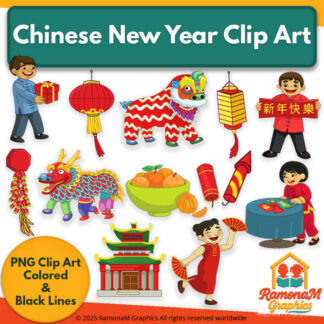 Chinese New Year clip art set including dragon, lion dance, lanterns, firecrackers, children, oranges, and cultural building PNG images.