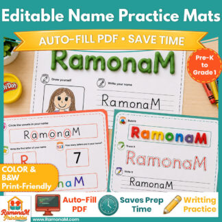 Editable Name Practice Mats with Auto-Fill PDF featuring three personalized name writing activities in color and print-friendly black & white.