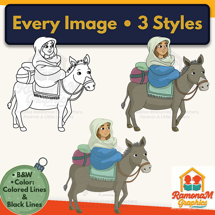 Mary riding a donkey Journey to Bethlehem clip art shown in black and white and two color styles