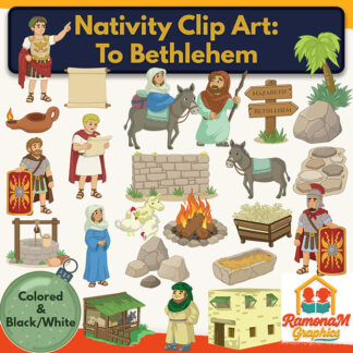 Journey to Bethlehem Nativity clip art with Mary, Joseph, Caesar Augustus, inn, stable and Bible story characters