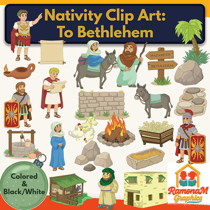 Journey to Bethlehem Nativity clip art with Mary, Joseph, Caesar Augustus, inn, stable and Bible story characters