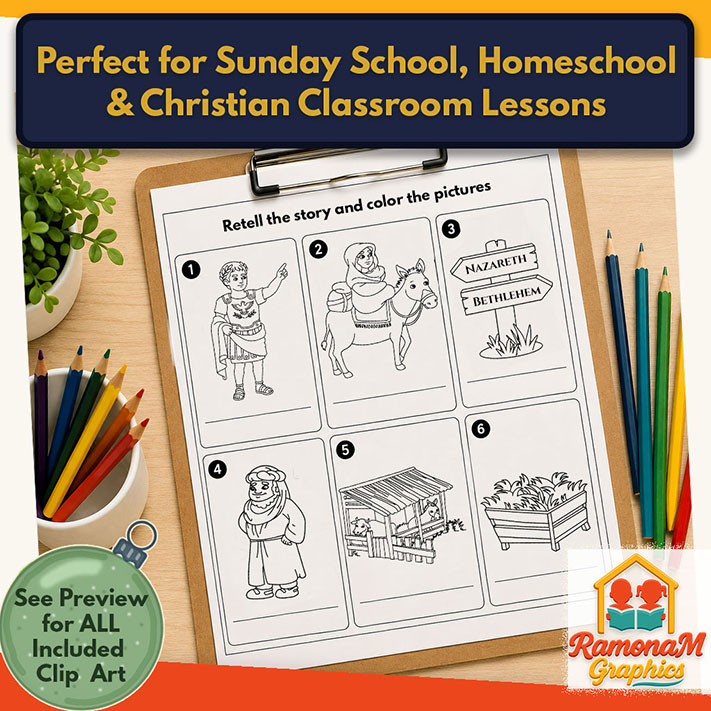 Journey to Bethlehem clip art used in a Christian Bible story retelling activity for children