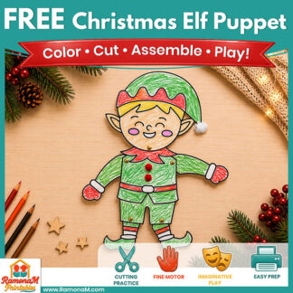 Free Christmas elf craft printable featuring a moveable elf puppet for kids to color, cut, assemble and play with.
