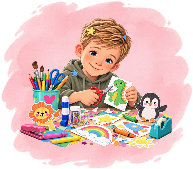 Boy creating printable crafts and learning activities