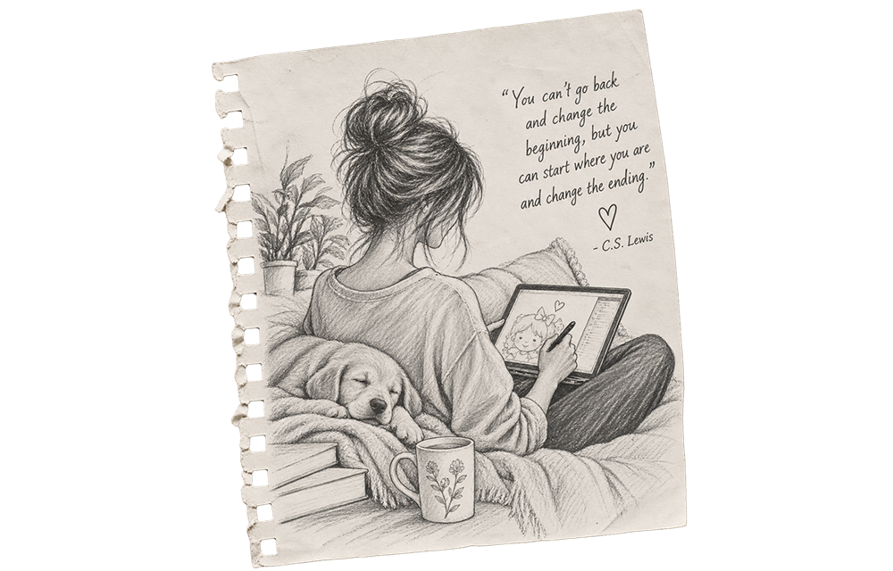 Pencil sketch of Ramona creating illustrations on a tablet with a sleeping Labrador puppy