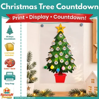 Christmas Tree Countdown printable activity for kids with 3 designs for counting the days until Christmas