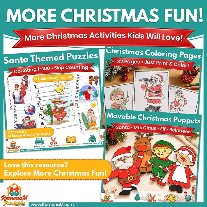 Christmas printable activities for kids including counting puzzles, coloring pages and moveable puppets