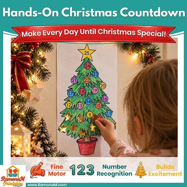 Child using a Christmas Tree Countdown with star stickers for number recognition and counting practice