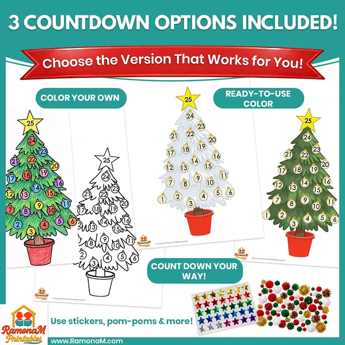 Three printable Christmas Tree Countdown designs with color your own and ready-to-use options
