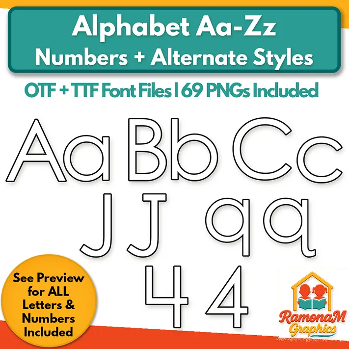 Rainbow Writing Font alphabet and number samples showing uppercase and lowercase letters, alternate character styles, OTF and TTF files, and 69 PNGs.