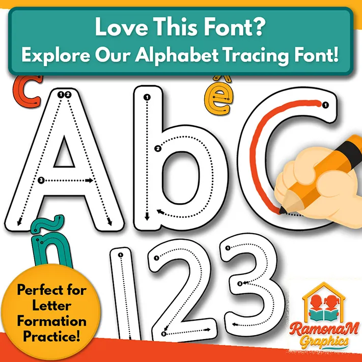Related Alphabet Tracing Font from RamonaM Graphics showing handwriting letter formation guides and directional arrows.
