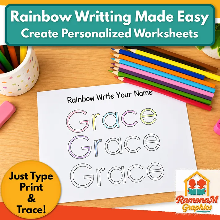 Personalized rainbow writing worksheet featuring the name Grace, traced with colored pencils on a child's desk.