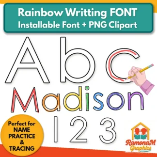 Rainbow Writing Outline Font and PNG clip art set showing uppercase and lowercase letters, numbers, and colorful name tracing examples.