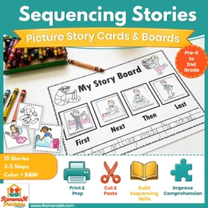 Sequencing Stories with Pictures printable activity featuring 15 real-life sequencing stories, sequencing boards, and picture cards.