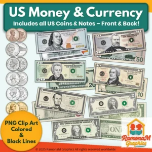 Realistic US Money and Currency Clip Art Set featuring coins and bills in color and black-and-white PNG formats for math and financial literacy lessons.